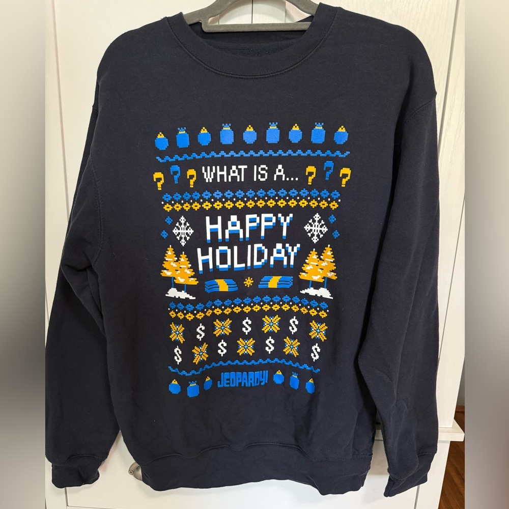 Jeopardy! Funny Christmas Sweatshirt Navy Blue “Ugly” Christmas Sweater Unisex M